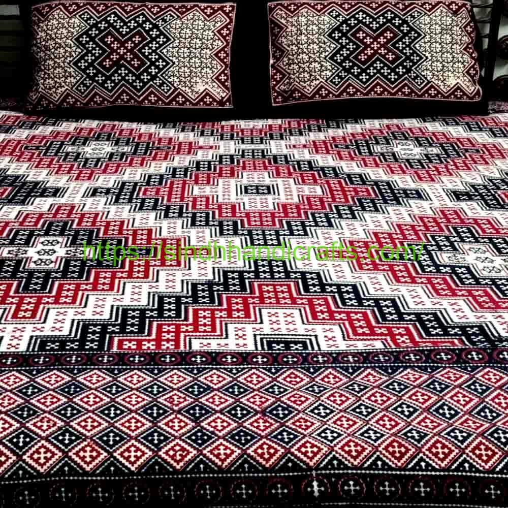 Ajrak Design Block Print Bed Sheet 6a Traditional Sindhi Ajrak Bed Sheets Design with 2 Pillow Covers