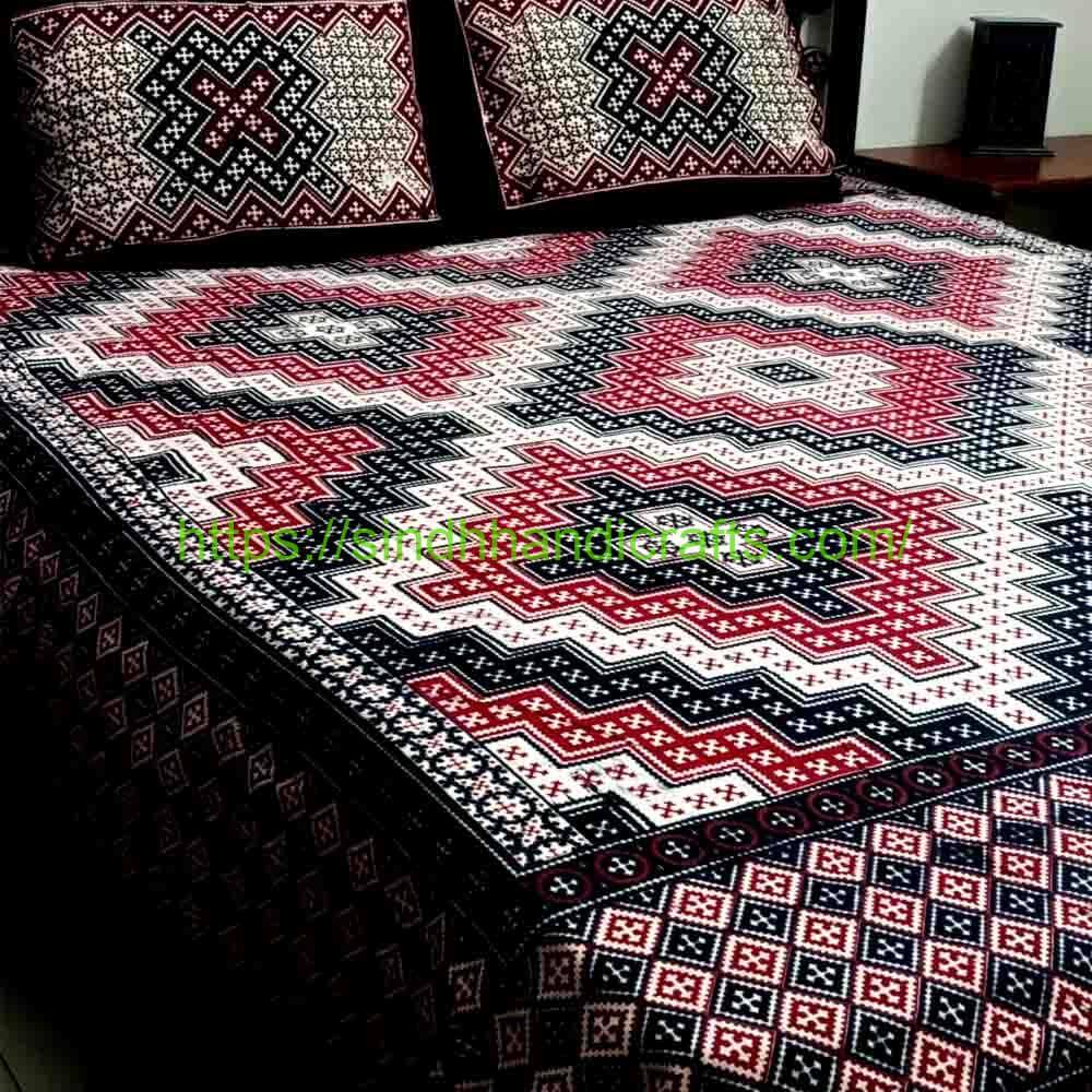 Ajrak Design Block Print Bed Sheet 6b Traditional Sindhi Ajrak Bed Sheets Design with 2 Pillow Covers