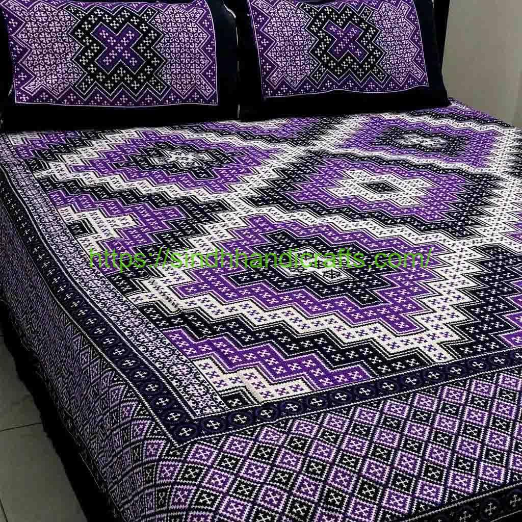 Ajrak Design Block Print Bed Sheet 8b 1 Traditional Sindhi Ajrak Bed Sheets Design with 2 Pillow Covers