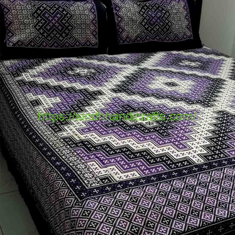 Ajrak Design Block Print Bed Sheet 8b Traditional Sindhi Ajrak Bed Sheets Design with 2 Pillow Covers