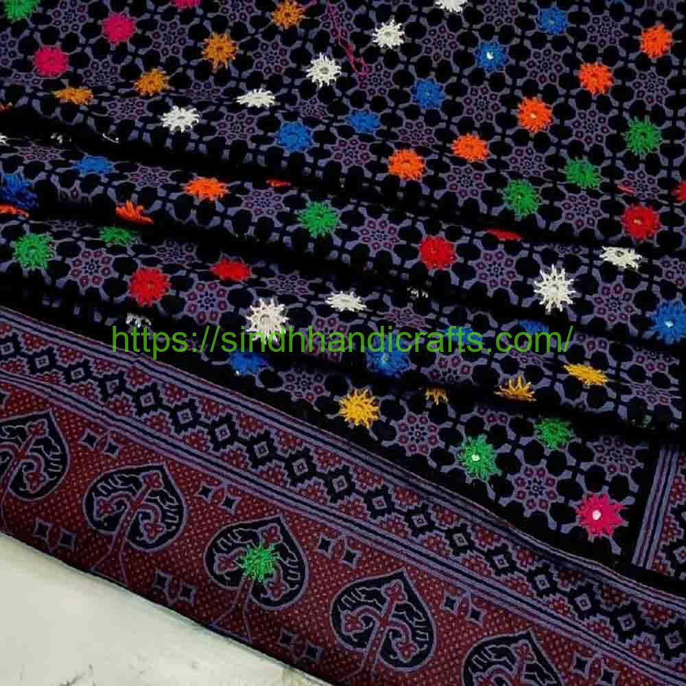 Sindhi Ajrak Design Tharri Dupatta 2 Multicolor Dupatta with Sindhi Embroidery