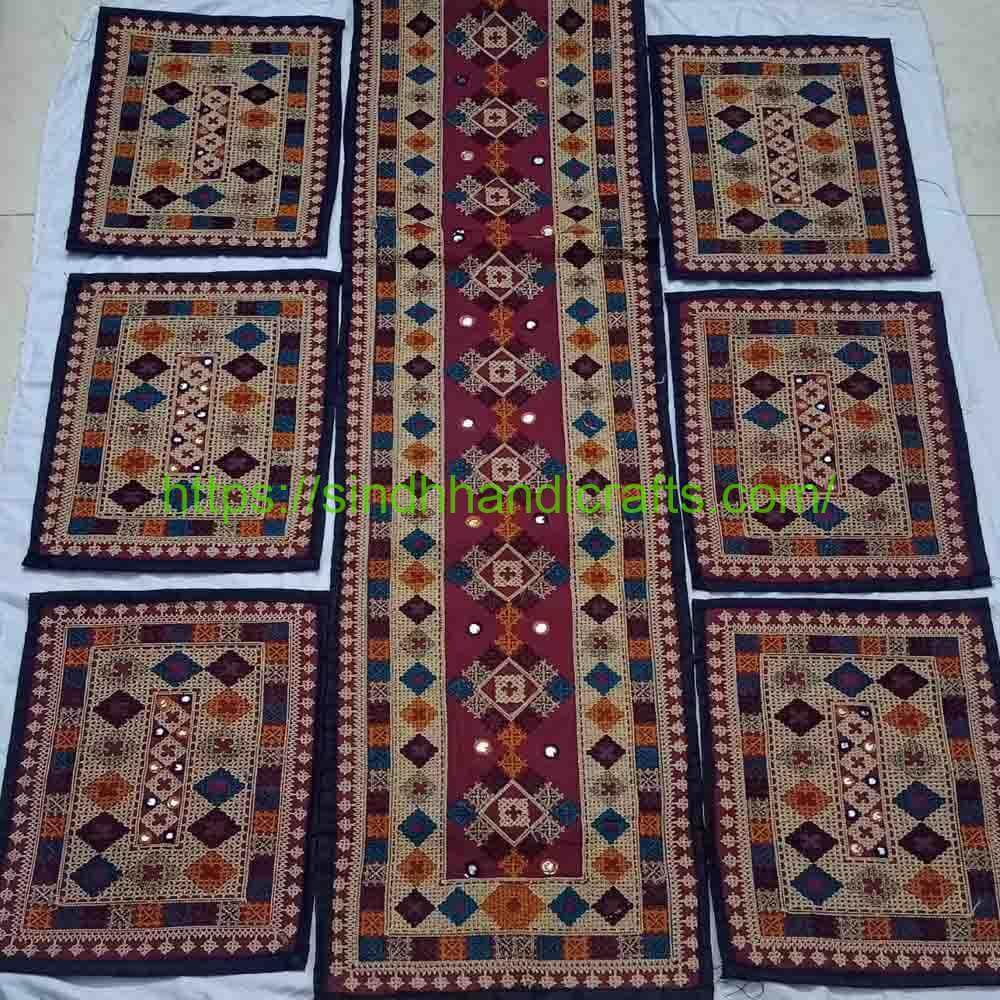 7pc Table Runner 3 Table Runner Online Pakistan with Mats (Traditional Embroidery)