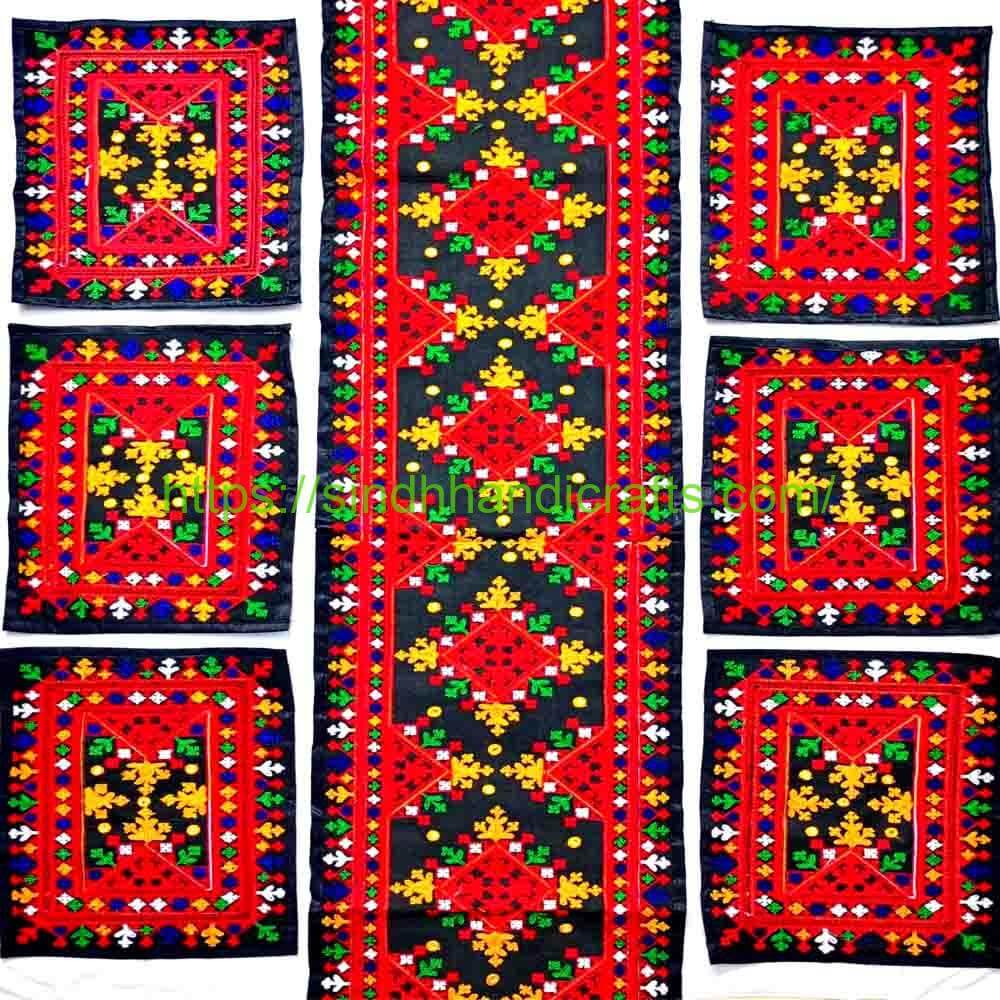 7pc Table Runner 5 Table Runner Online Pakistan with Mats (Traditional Embroidery)