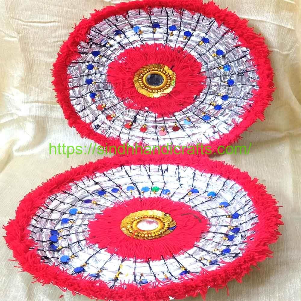 Decorative Plate 2a Mehndi Decoration Plate with Multicolor Laces & Pom Poms