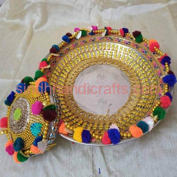 Mehndi Thaal & Bowl decorated with Multicolor Laces & Pom Poms