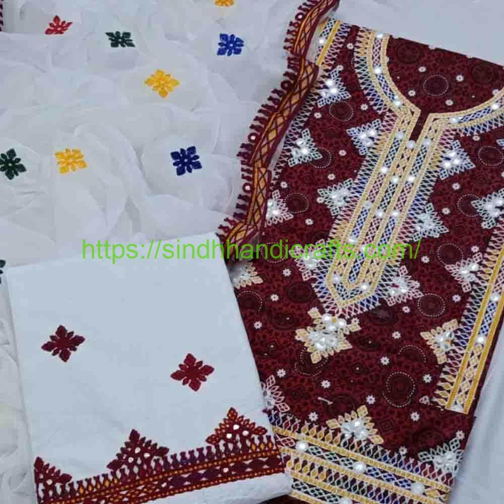 3pc Embroidered Lawn Ajrak Design Dress 2 Summer Dress Design for Girls