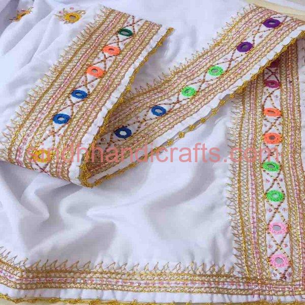 Sindhi Embroidered White Chadar for Ladies