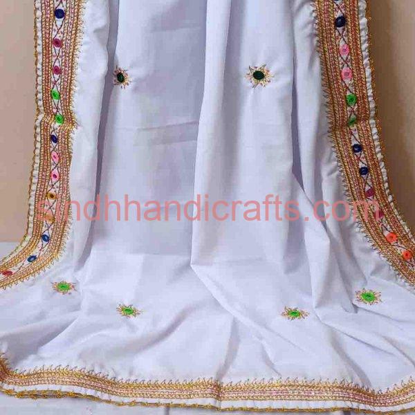 Sindhi Embroidered White Chadar for Ladies