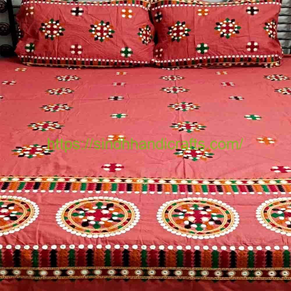 Aari Work Embroidered Bedsheet 3a Sindhi Embroidered Bed sheets Designs with 2 Pillow Covers