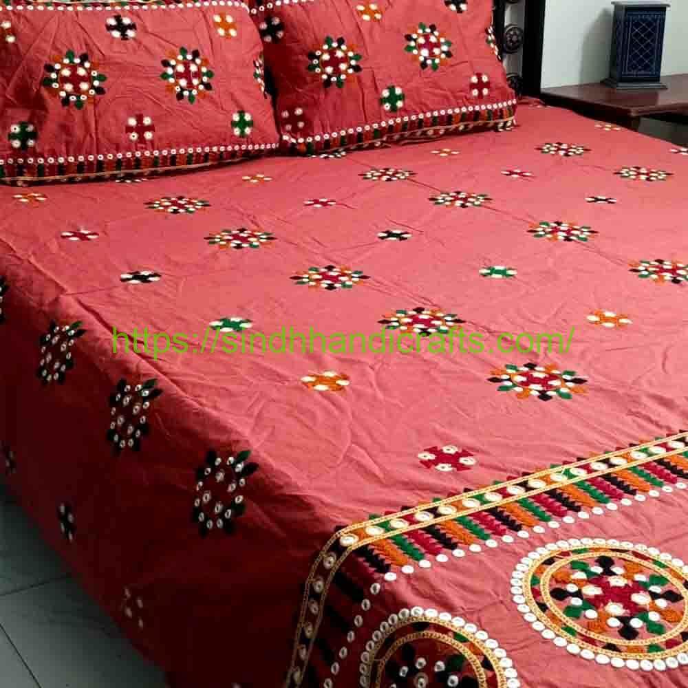 Aari Work Embroidered Bedsheet 3b Sindhi Embroidered Bed sheets Designs with 2 Pillow Covers