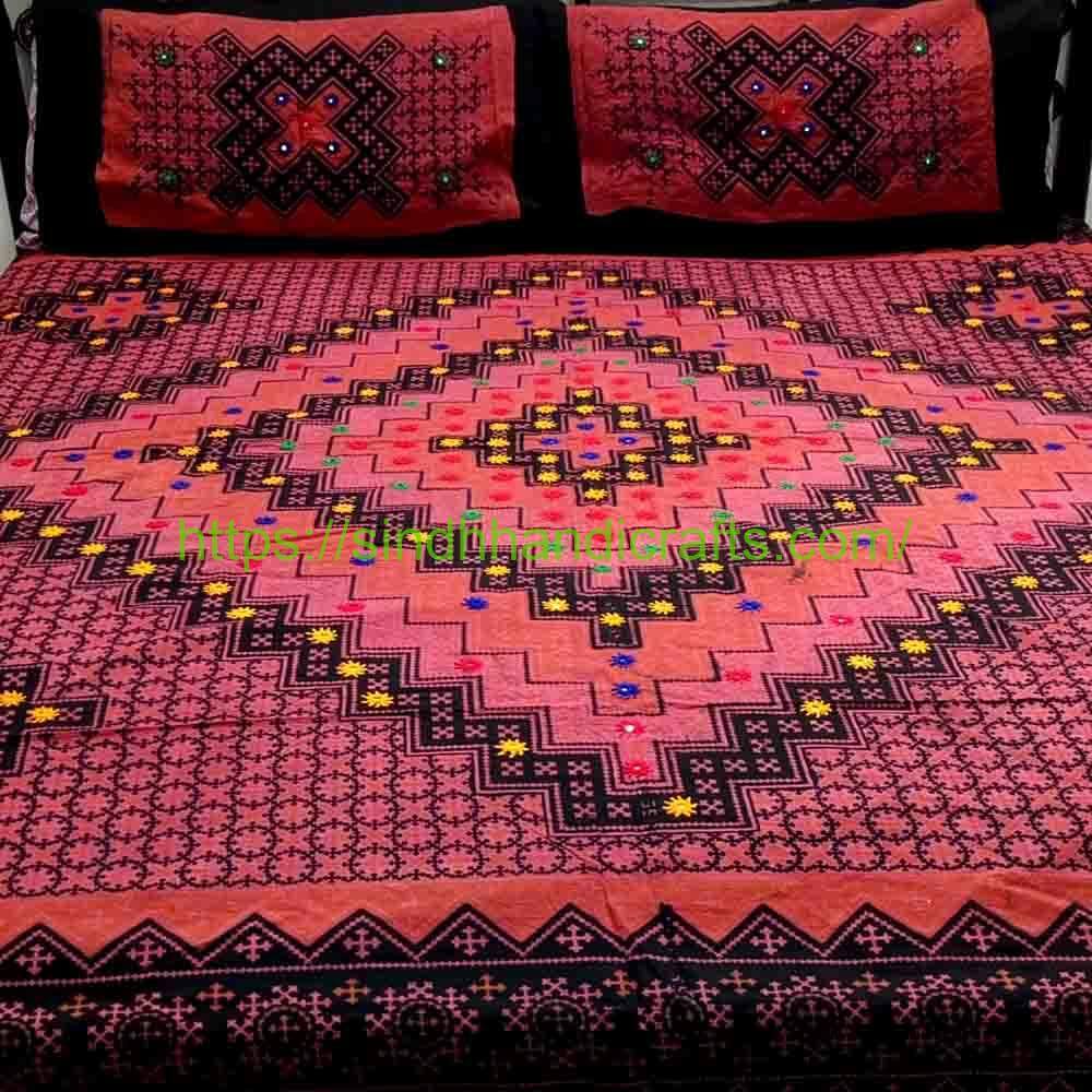 Ajrak Design Block Print Bed Sheet 10a Sindhi Bedsheet Sale Online (with 2 Pillow Covers)