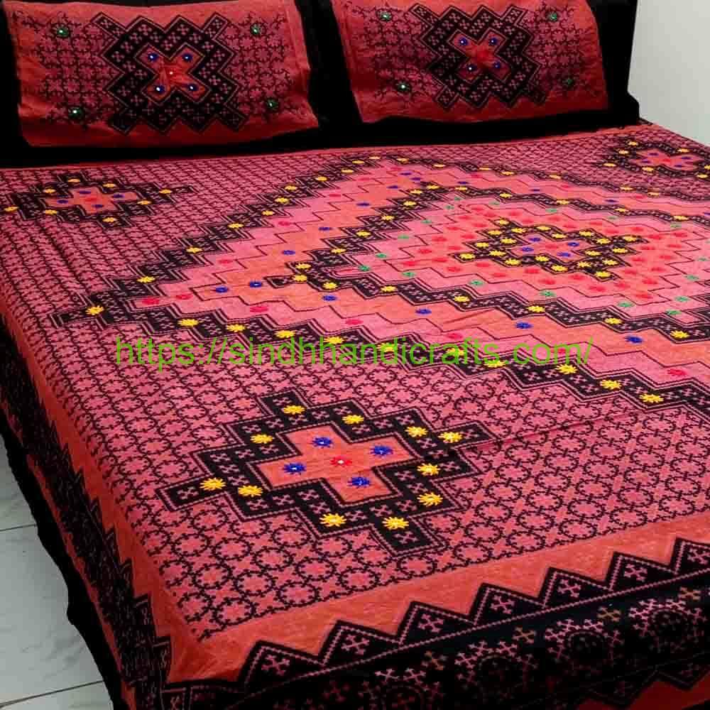 Ajrak Design Block Print Bed Sheet 10b Sindhi Bedsheet Sale Online (with 2 Pillow Covers)