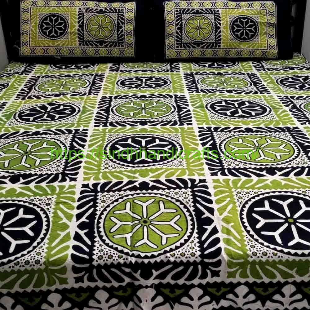 Applque Print Bed Sheet 5a Sindhi Bed Sheet with 2 Pillow Covers