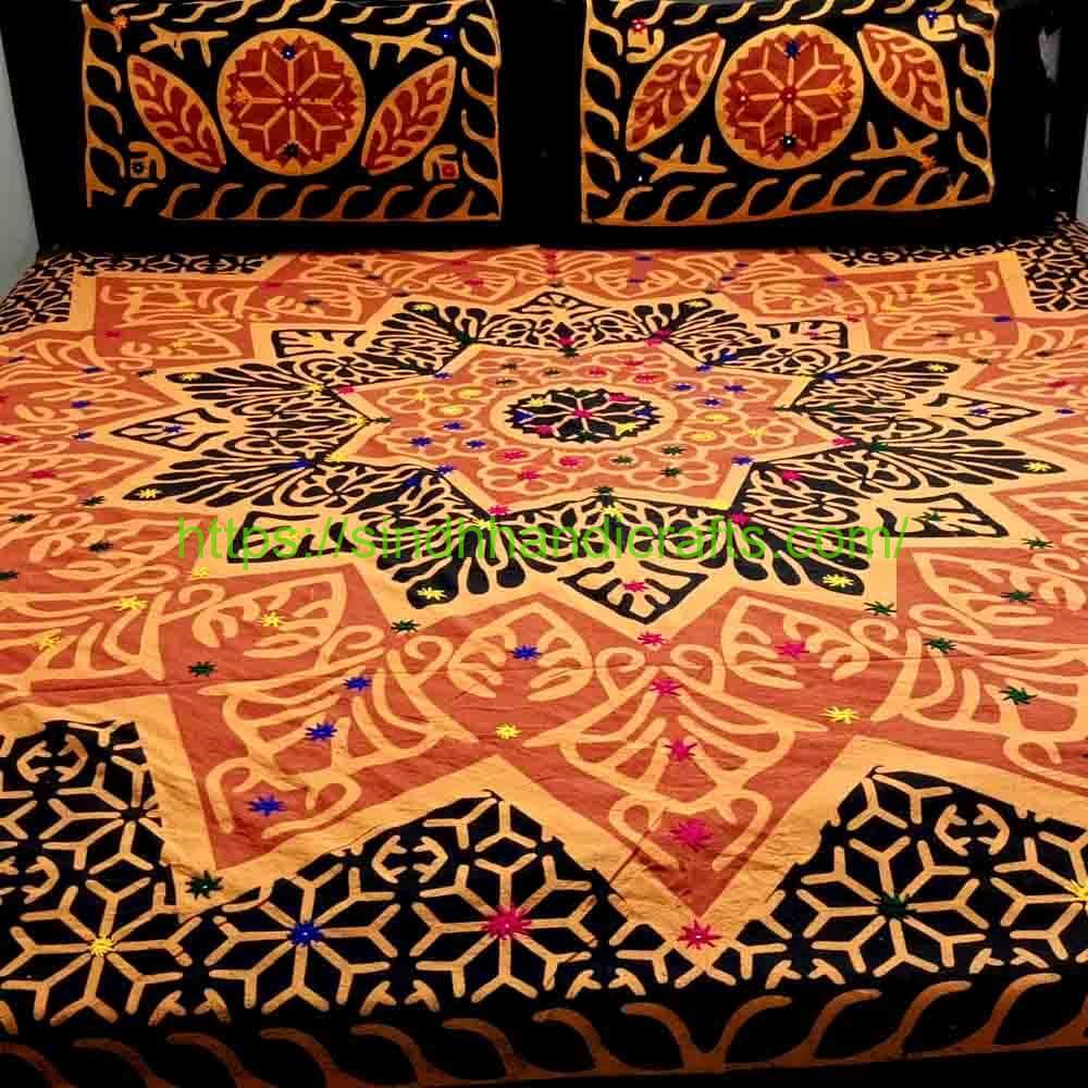 Block Print Bed Sheet 29a Traditional Sindhi Geometric Pattern Bed Sheet with 2 Pillow Covers