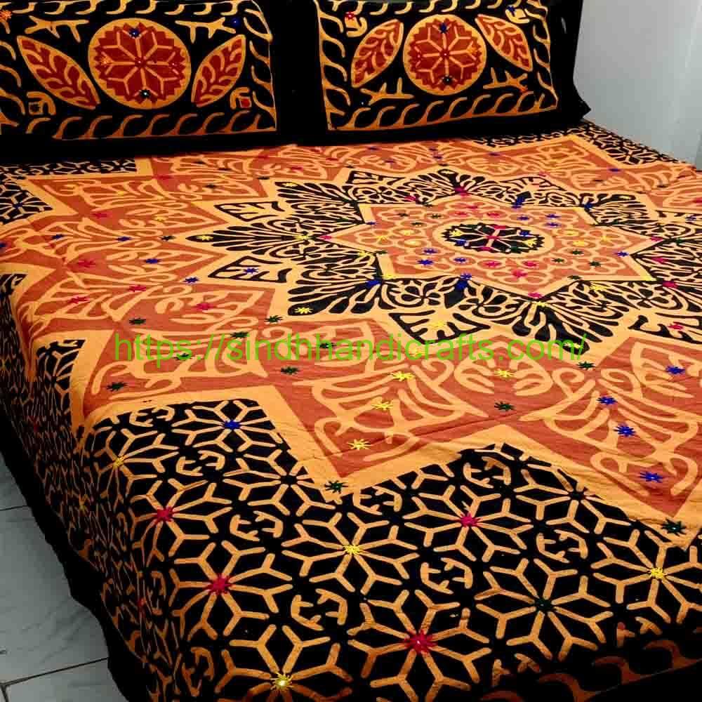 Block Print Bed Sheet 29b Traditional Sindhi Geometric Pattern Bed Sheet with 2 Pillow Covers