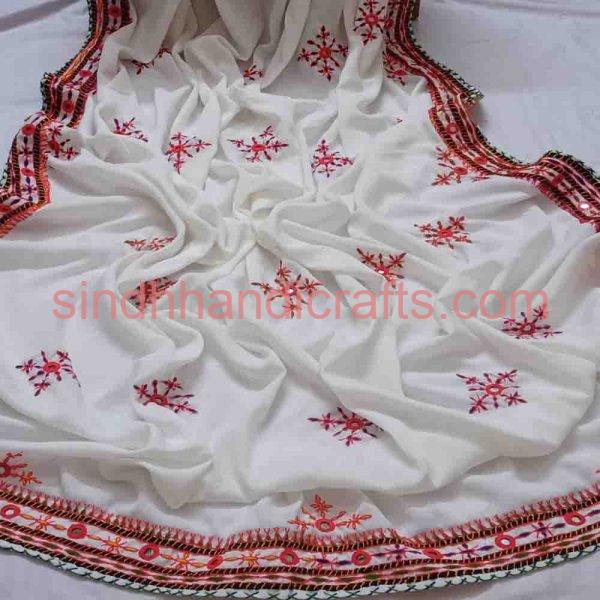 Handcrafted Sindhi Balochi Chadar Design in White Color