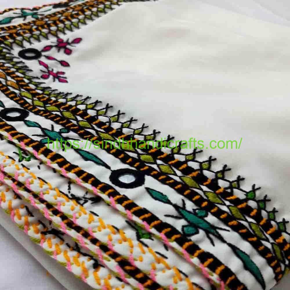 Hand Embroidered Chadar 85a Handcrafted Sindhi Balochi Chadar Design in White Color