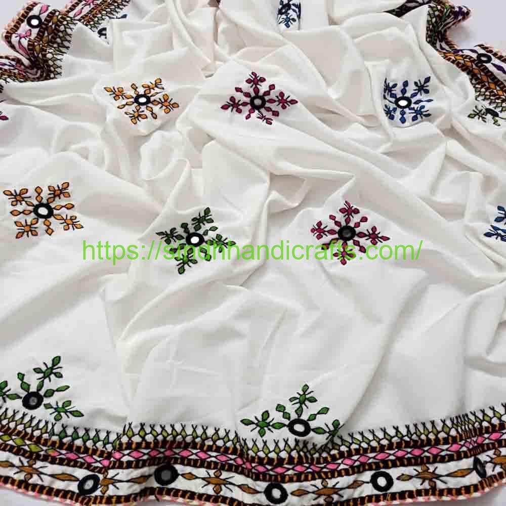 Hand Embroidered Chadar 85b Handcrafted Sindhi Balochi Chadar Design in White Color