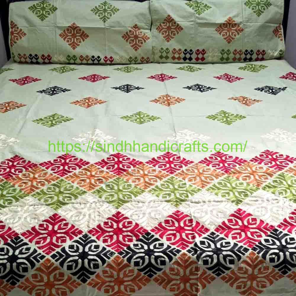 Sindhi Embroidery Bedsheet 19a Sindhi Embroidered Bed sheets Designs with 2 Pillow Covers