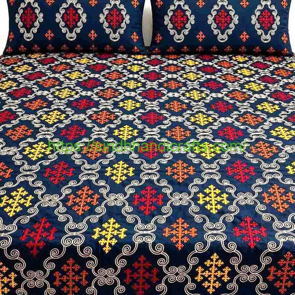 Sindhi Embroidery Bedsheet 17a Sindhi Embroidered Bed Cover (with 2 Pillow Covers)