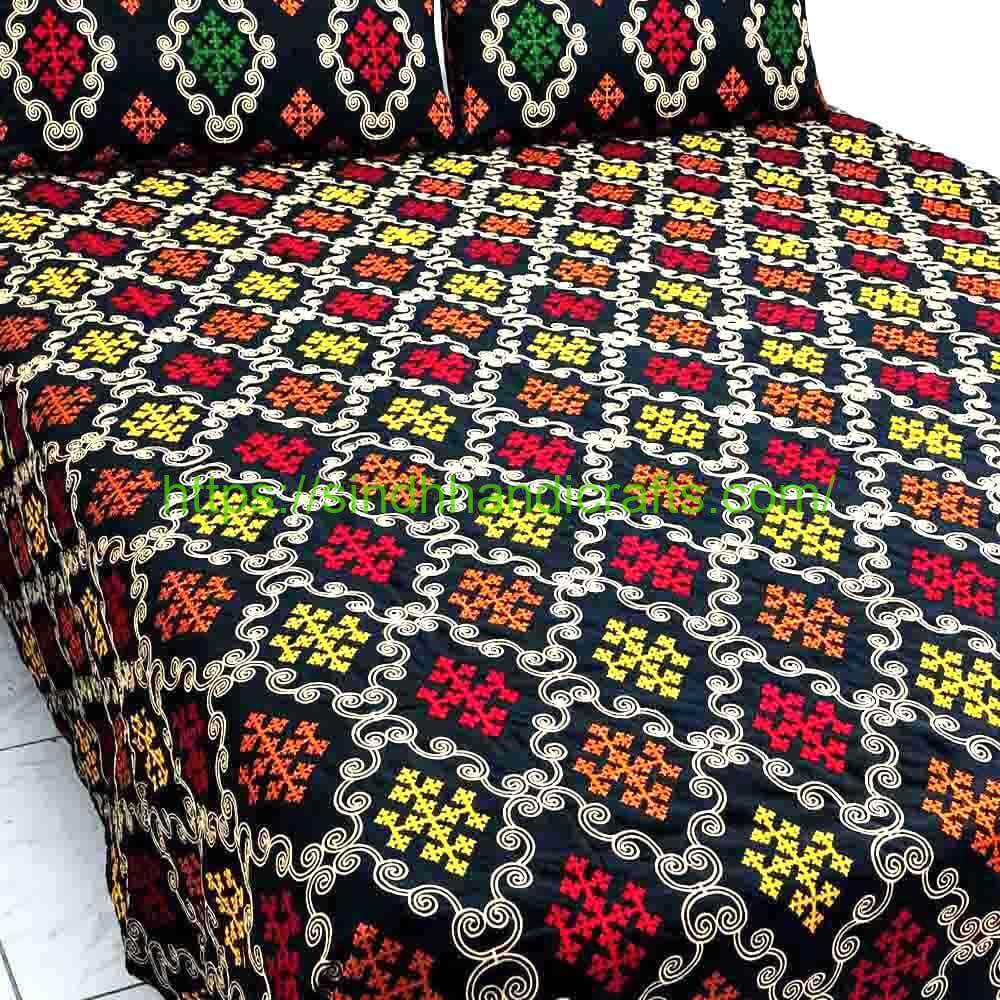 Sindhi Embroidery Bedsheet 17b Sindhi Embroidered Bed Cover (with 2 Pillow Covers)