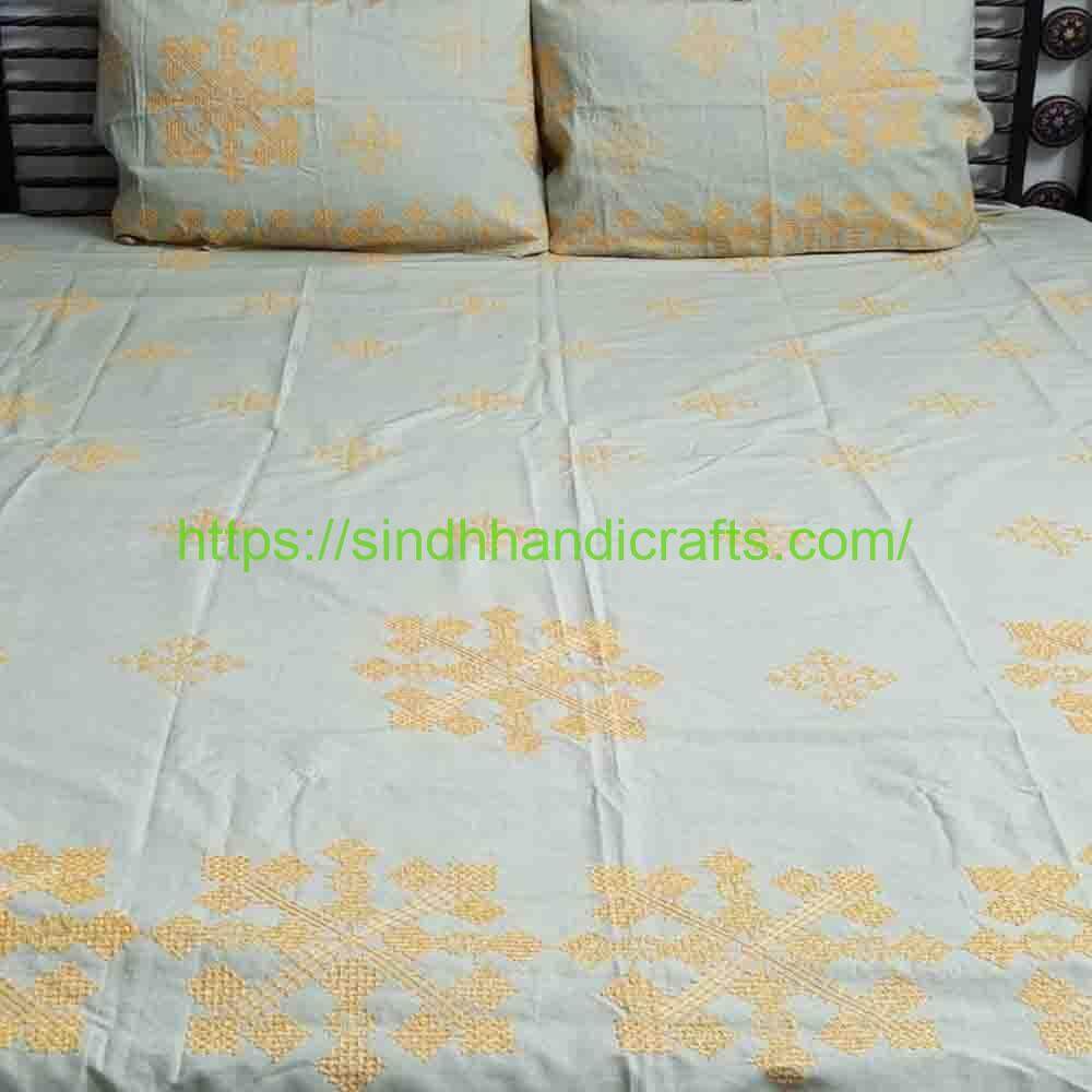Aari Work Embroidered Bedsheet 2a Sindhi Aari Work Bed Sheets (with 2 Pillow Covers)