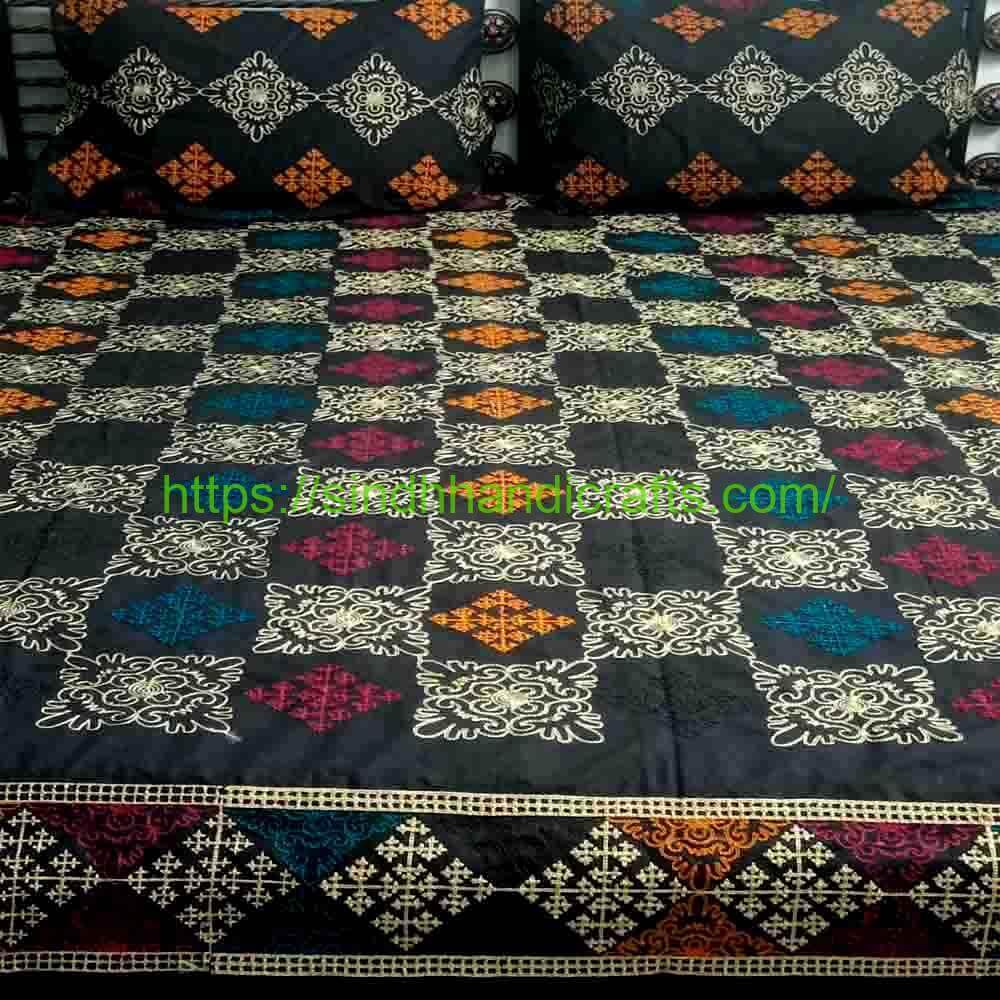 Sindhi Embroidery Bedsheet 1a Sindhi Aari Work Bed Sheets (with 2 Pillow Covers)