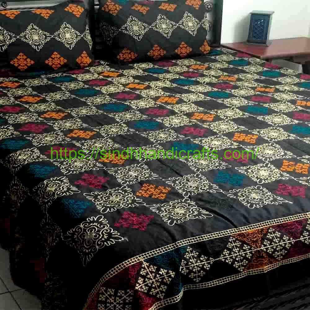 Sindhi Embroidery Bedsheet 1b Sindhi Aari Work Bed Sheets (with 2 Pillow Covers)