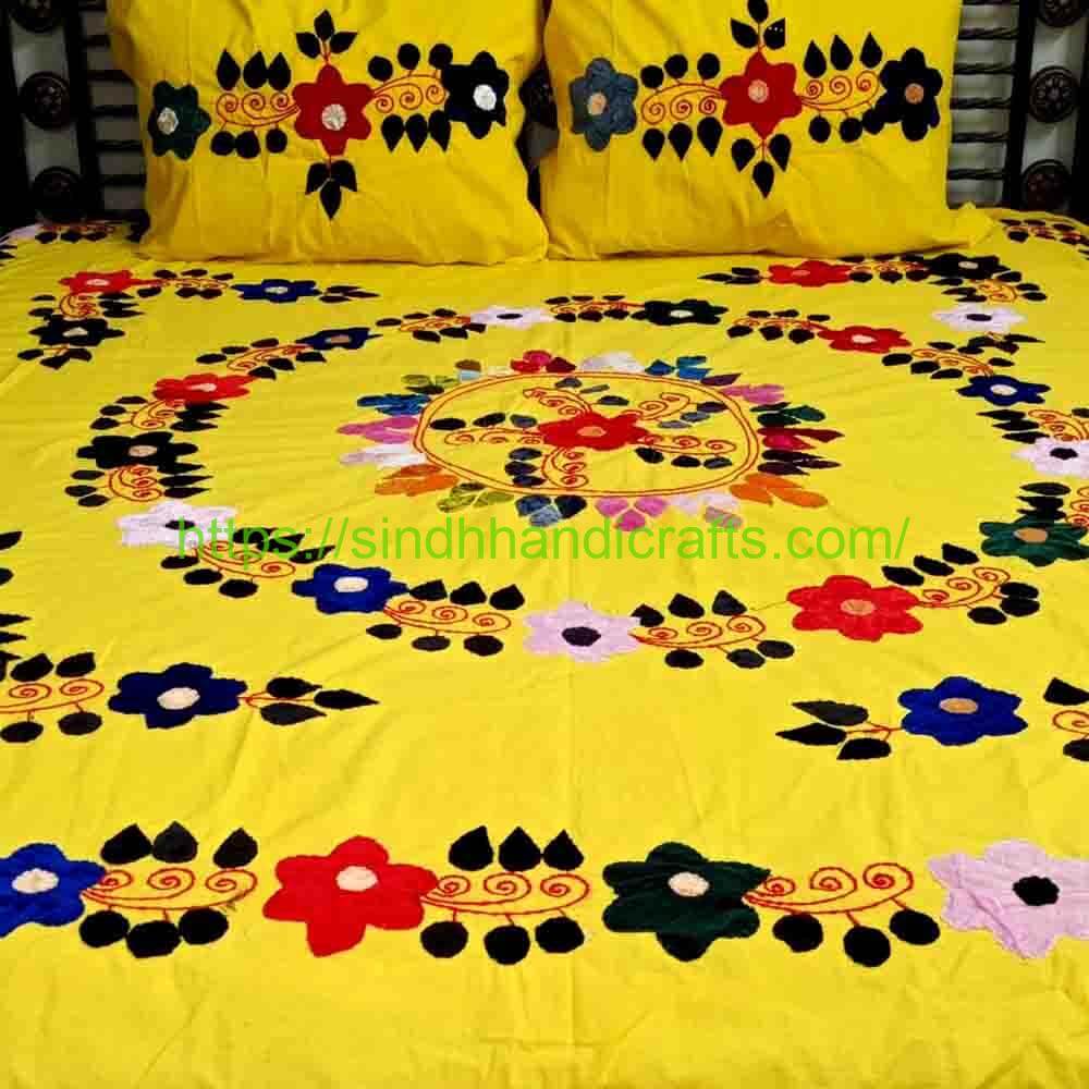 Handmade Bedsheet 11a Handmade Velvet Applique Work Bed Sheets with 2 Pillow Covers