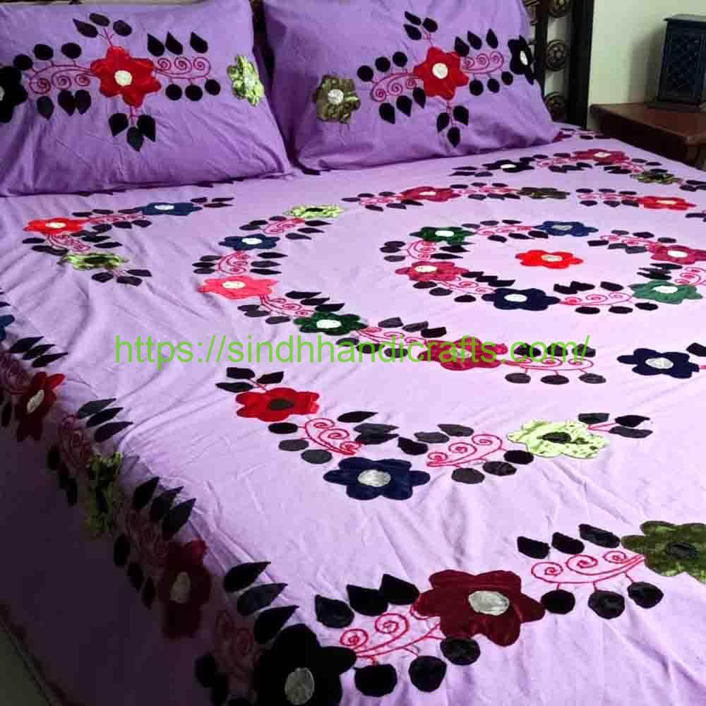 Handmade Bedsheet 12b Handmade Bedsheet Design (Applique Work) with 2 Pillow Covers